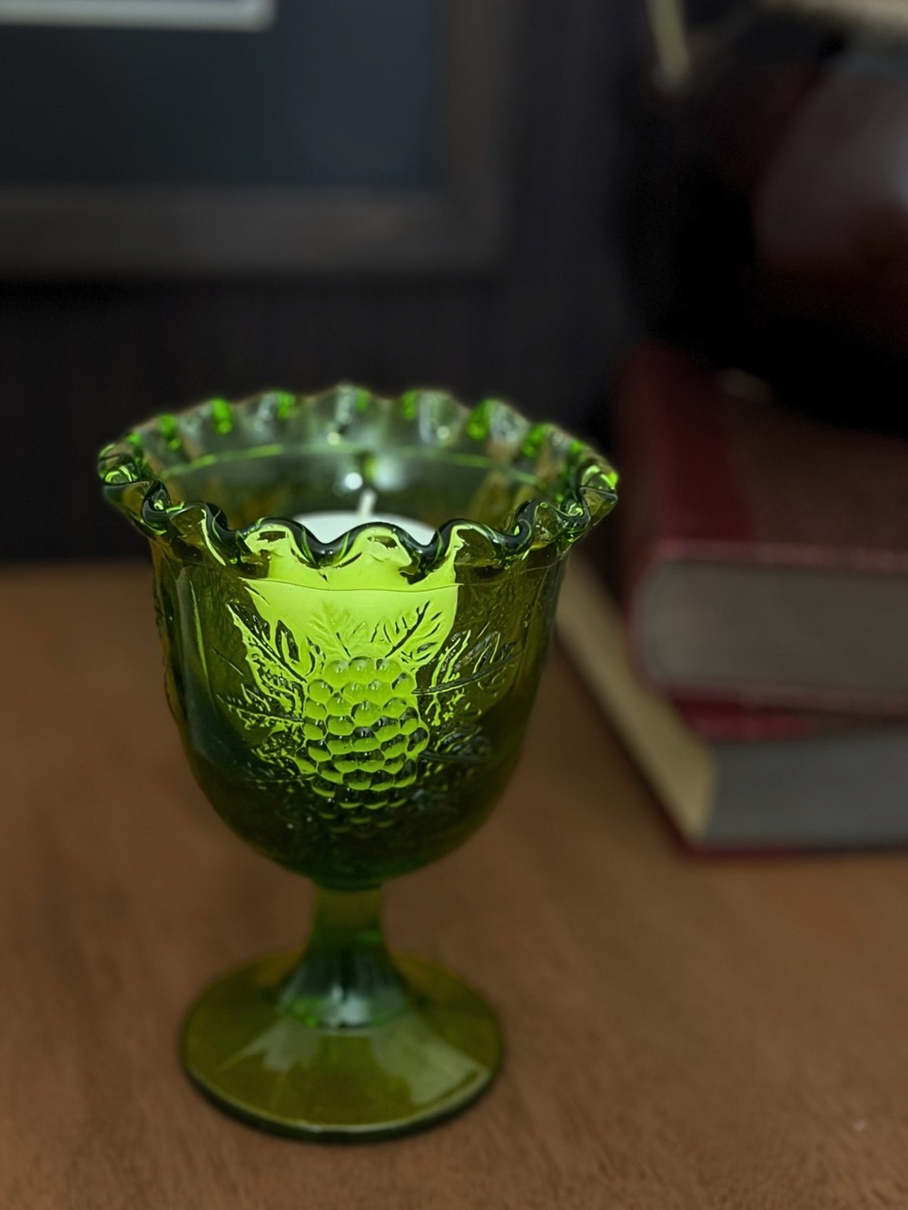 Vintage Olive Green Pressed Glass Goblet Candle Holder Grape Design